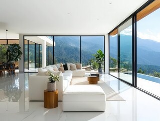 Fototapeta premium Modern mansion with expansive terraces, floortoceiling windows, and panoramic views of a sunlit valley