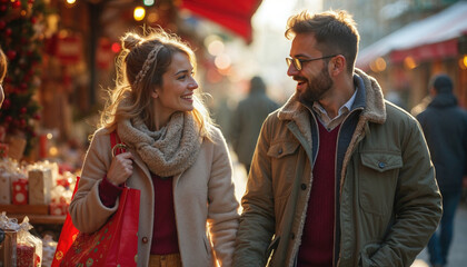 Obraz premium A man and woman are walking down a street, smiling at each other