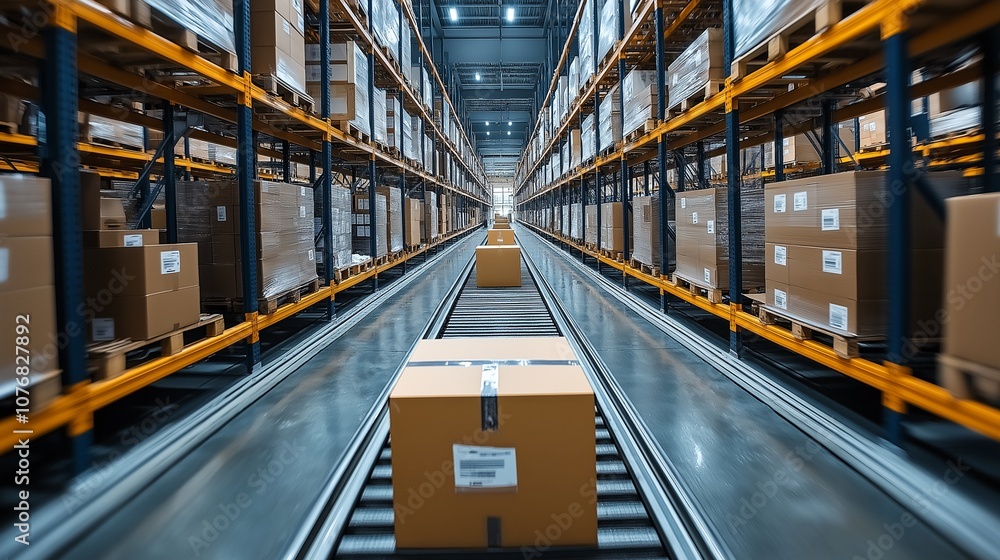 Poster warehouse logistics. a single cardboard box travels on a conveyor belt system through a large wareho