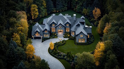 Fototapeta premium Grand estate with a gated entrance, long winding driveway, and luxurious outdoor entertainment areas