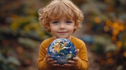Fototapeta premium A child holding a globe of Earth, representing the next generation's responsibility in tackling climate change and protecting the planet