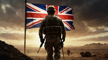 United Kingdom Army Soldier British flag waving moody atmosphere