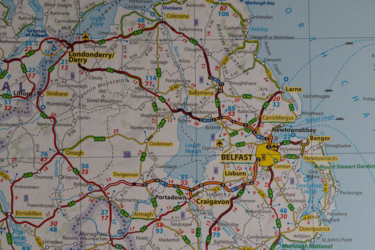 Highway map showing Belfast and Londonderry in Northern Ireland.