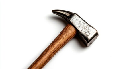A close-up of a sturdy hammer with a wooden handle and metallic head on a white background.