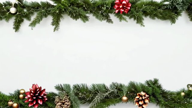 border natural Christmas winter green 4k 4kery including holly ivy mistletoe cedar cypress fir leaves pine cones arranged white background video ideal creating elegant holiday cards decorations