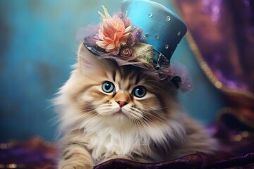 Cute kitten in a hat on a light background. Celebrating St. Patrick's Day concept.
