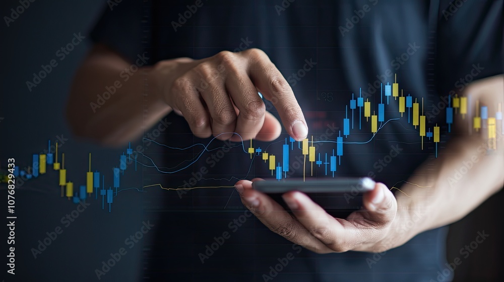 Poster a person analyzing financial data on a smartphone with a graph overlay.