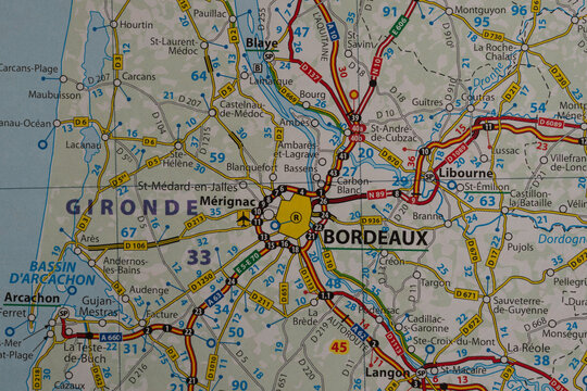 Highway map of Bordeaux, France and the surrounding area.