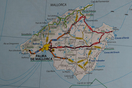Highway map of the island of Mallorca, the largest of the Balearic Islands, which are part of Spain.