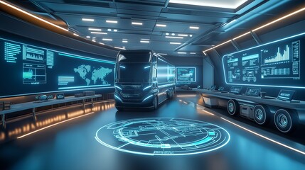 A futuristic supply chain management control room where advanced AI optimizes transportation routes for electric trucks and ships, minimizing fuel consumption. 
