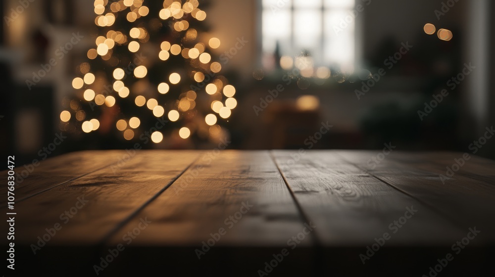Poster a wooden table occupies the foreground, while a beautifully adorned christmas tree with glowing ligh