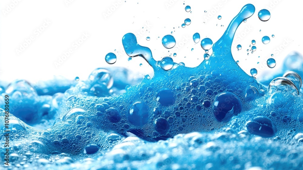 Poster close-up of vibrant blue water with splashes, creating dynamic movement and energy, isolated on whit