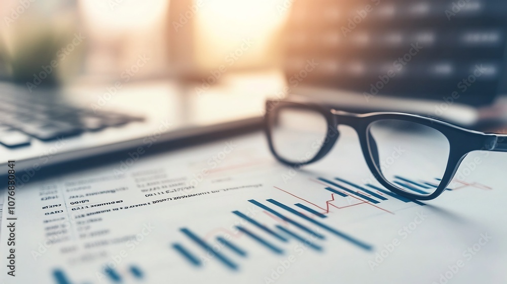 Aufkleber desk with report pages and highlighted financial graphs for analysis and business planning