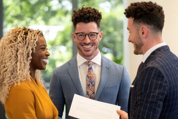 A smiling real estate agent assists clients with property loan approval in a welcoming atmosphere