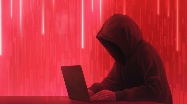 A shadowy figure in a hoodie uses a laptop, surrounded by red lights, evoking themes of technology, mystery, and cybersecurity.