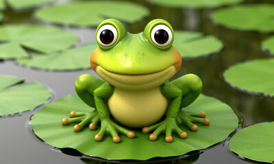 A realistic 3D illustration of a cartoonish frog sitting on a lily pad
