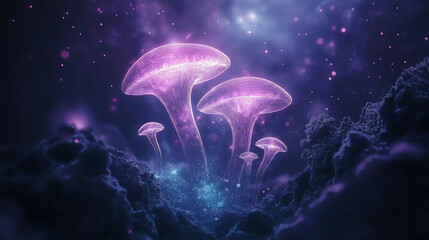 Naklejka premium Cosmic Glow: Glowing Mushrooms in a Nebula Landscape 