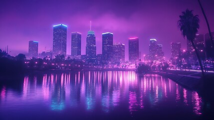 Obraz premium A vibrant city skyline with neon lights reflected in the water at night.