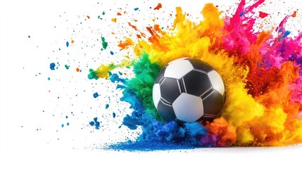 Naklejka premium Vibrant soccer ball exploding with colorful paint, representing energy and movement, isolated on white background