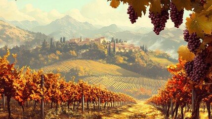 Fototapeta premium Autumn vineyard with misty hills in the background and ripe grapes ready for harvest