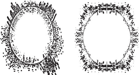 two oval frames with grunge paint splatters set,  a black and white picture frame of a mirror and a black frame with a black border, grunge frame set