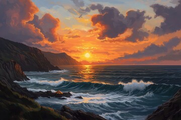 Obraz premium Witness the majestic sunset as dramatic waves crash against remote coastal cliffs in a serene landscape