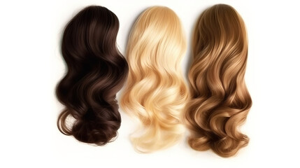 Fototapeta premium Gorgeous blonde and black hair on white background. Wavy long different curly hair
