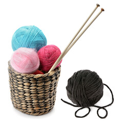 Multicolored balls of yarn and knitting needles isolated on white. Collage.