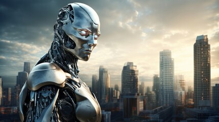 Naklejka premium A silver robot cyborg standing tall against a modern cityscape with copyspace for your text. 
