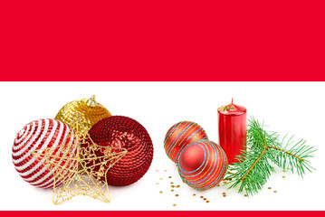 Red candles and fir branches and Christmas balls in snow isolated on white. There is free space for text. Collage.