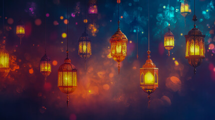 Fototapeta premium Celebrating the Festival of Sacrifice with Lanterns and Festive Designs. Wishing You a Joyous Eid Mubarak, Happy Eid Ul-Adha.