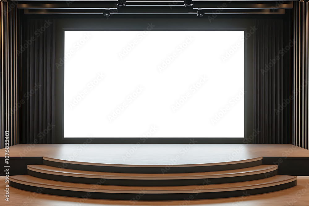 Poster modern conference stage with large blank screen in a hall. 3d rendering
