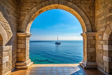 Fototapeta premium Scenic Stone Archway Overlooking the Sea with a Boat in the Distance Under a Clear Sky, Evoking Calmness and Heritage Through Classic Architecture Framing the Ocean View