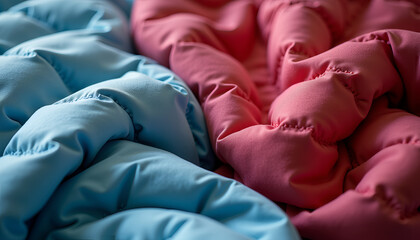 Colorful quilted blankets in blue and pink textures creating a cozy atmosphere