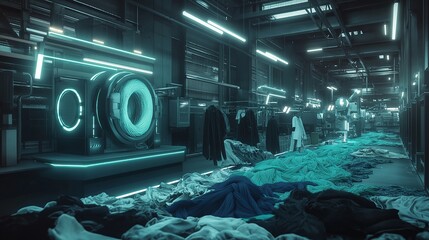 A futuristic textile recycling facility where old clothing is broken down into fibers and spun into new threads