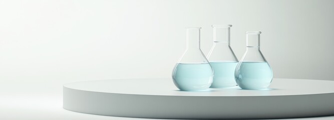 Different laboratory glassware. Isolated on white background Glass beakers filled with light blue liquid. 