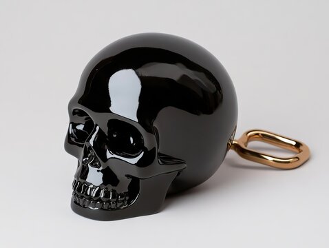 A black skull shaped keychain with a gold ring on it