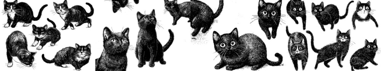 Obraz premium Drawing with children of black cats. Collection of silhouettes of funny cats in different poses. Modern illustration isolated on white background.