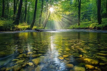 Obraz premium Sunbeams Shining Through Trees Onto a Tranquil River