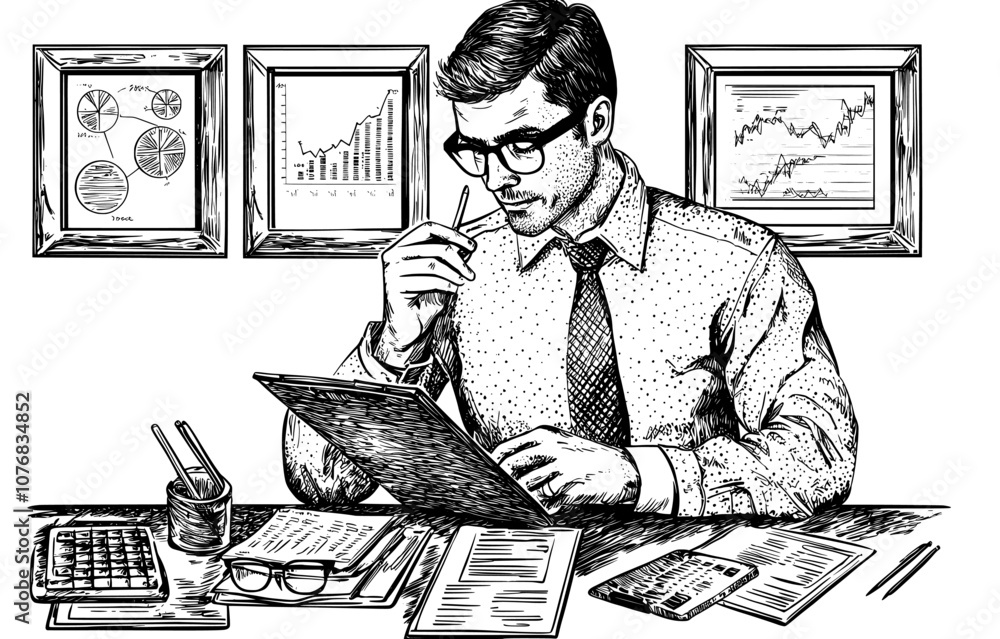 Aufkleber the ceo and financial data for a digital report are represented by graphs and charts for a flat mode