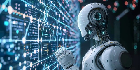 Futuristic Robot Analyzing Digital Data with Holographic Interface in a High-Tech Environment