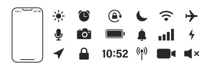 Mobile icons set. Phone bar status sign. Wifi, signal, battery, time, alarm, lock, device symbol. Vector design set
