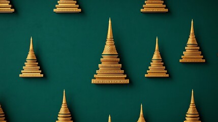 Ornate Layered Gold Temple Spires on Emerald Green Background