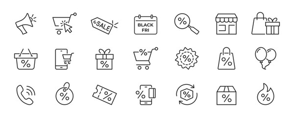 Black Friday icon set. Sale and discount line icons. Vector illustration