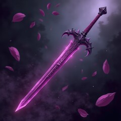 Fototapeta premium A glowing purple sword decorated with leaves and tree branches