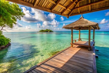Serene Escape: Tranquil Beachfront View from Rustic Pavilion Overlooking Crystal Clear Waters and Secluded Island, Perfect for Relaxation and Meditation
