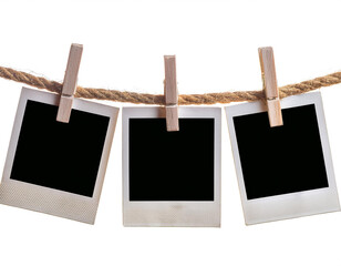 Mock up de tres Polaroid colgadas con pinzas de madera en una cuerda, fotografías retro antiguas, PNG © Michelle