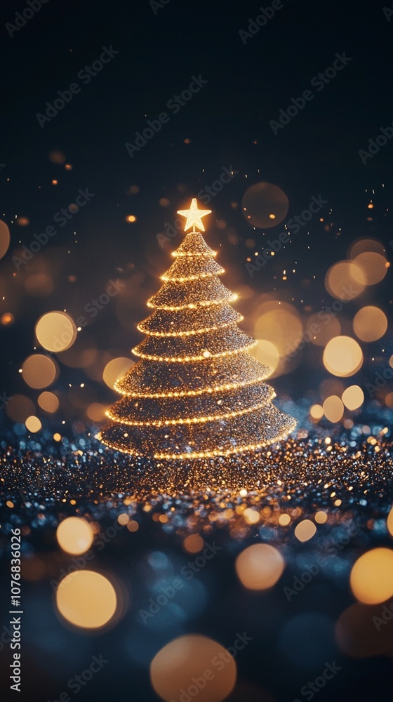 Poster magical glowing christmas tree illuminated with golden lights against dark background, surrounded by