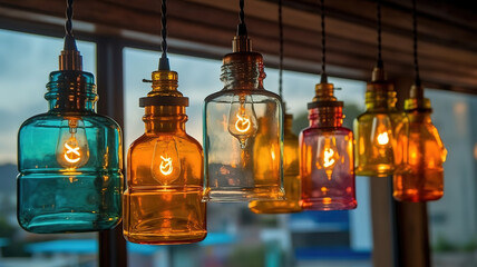 Wonderful collection of colorful glass bottles hang from a pergola