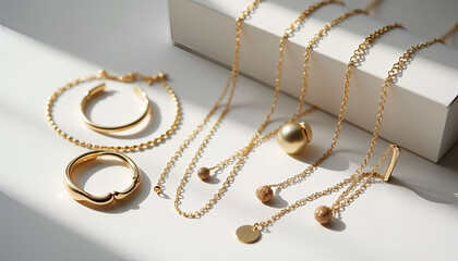 Handmade gold jewelry collection including earrings, bracelets, and necklaces on a light background